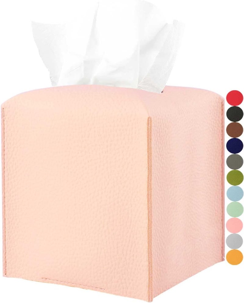 JESMINI Pink Tissue Box Cover Leather – with Bottom Belt [] Decorative Modern PU Leather Tissue Box Holder for Bathroom Vanity/Night Stands/Office - Image 1